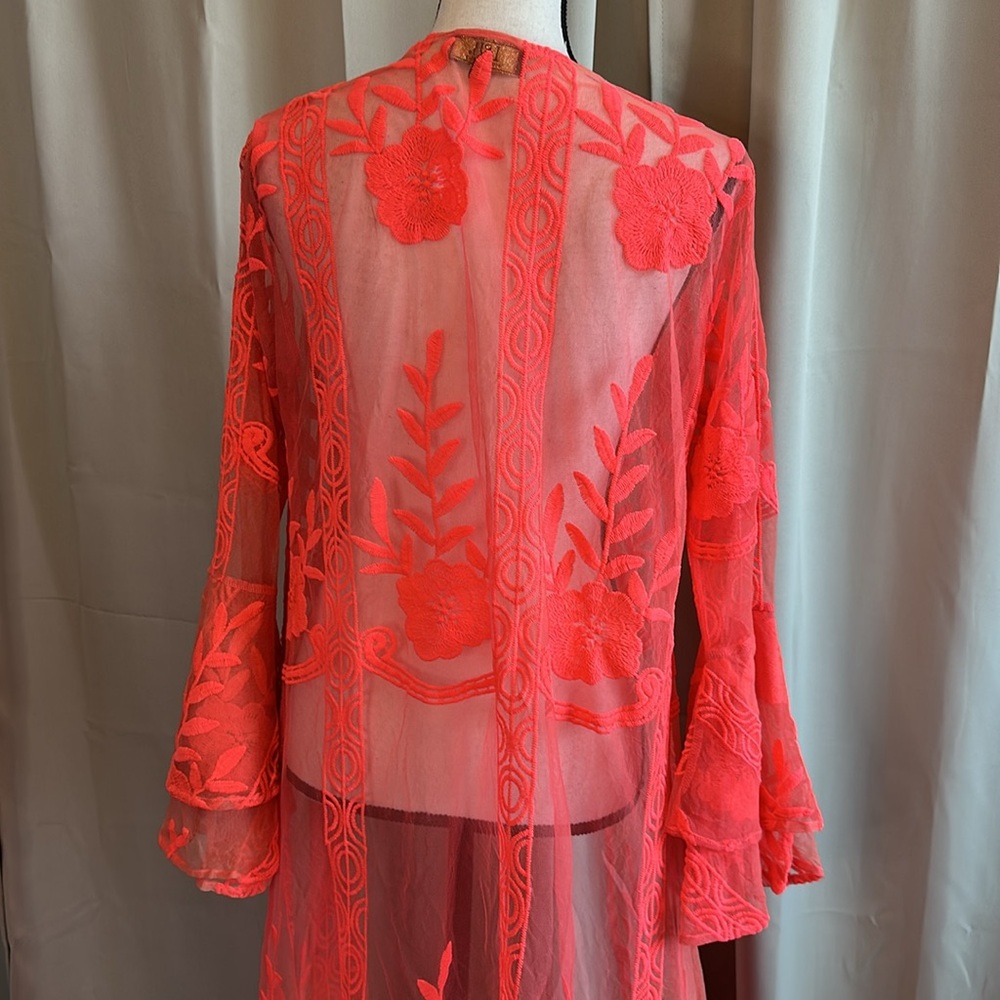 Sheer Bright Pink Neon Floral 60s 70s inspired Long Kimono DusterCardigan - Picture 4 of 6